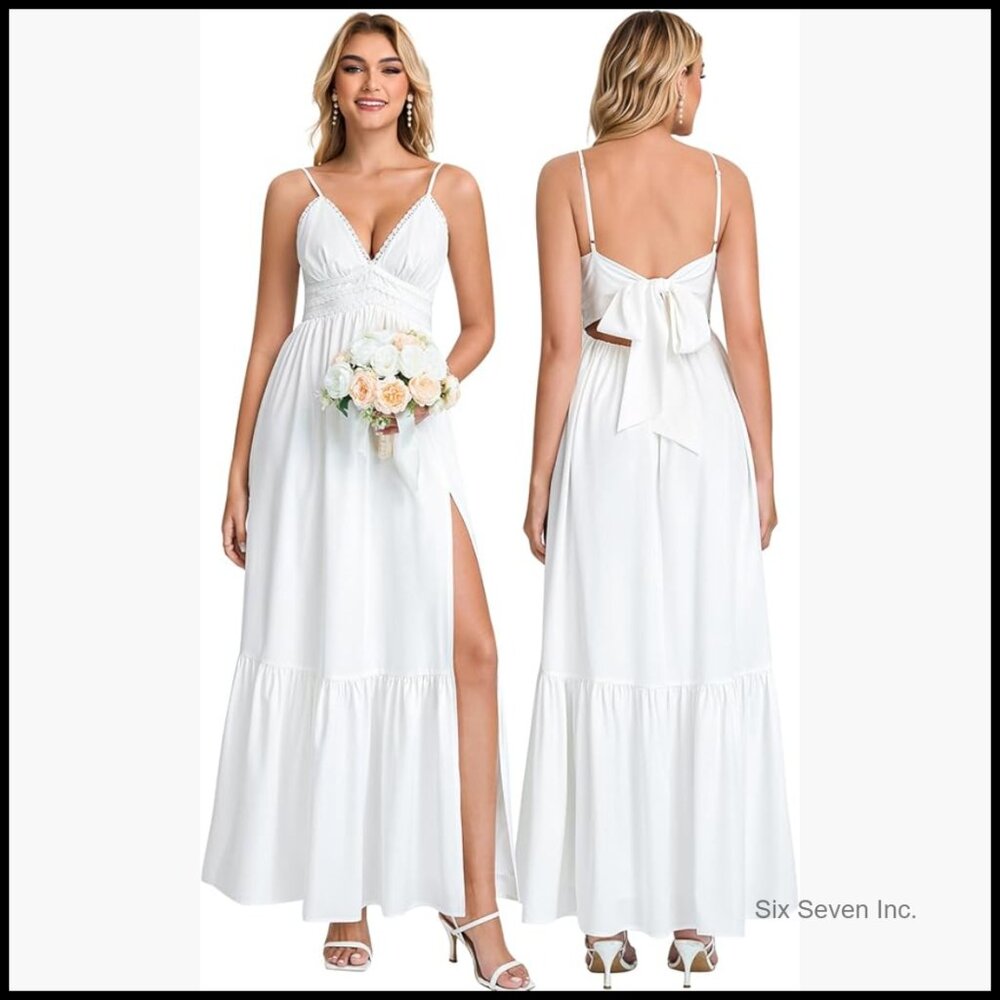 Summer Floral Maxi Beach Boho Sundress Lace Bow V Neck Long Flowy